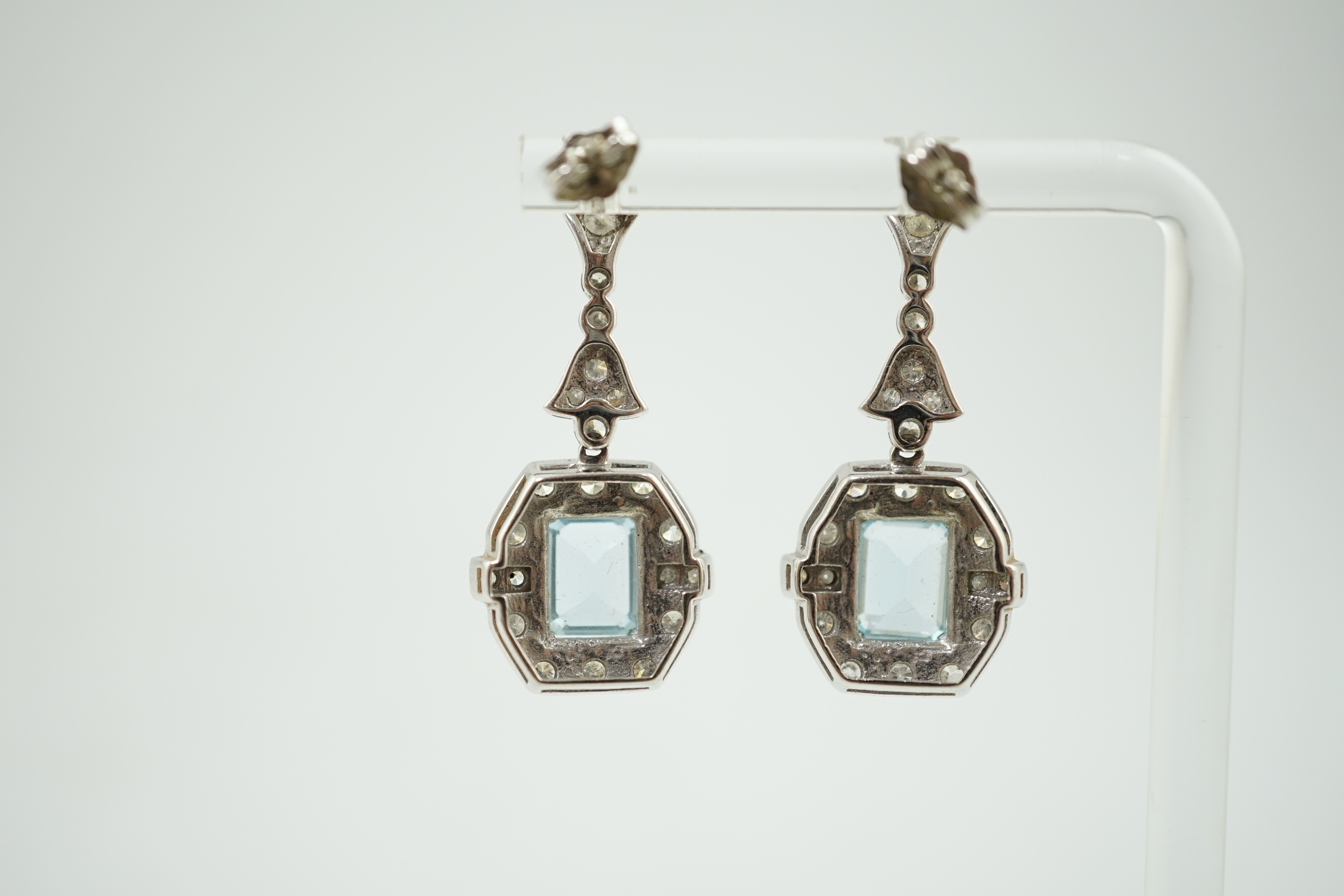 A pair of Art Deco style white gold?, aquamarine and diamond cluster set octagonal drop earrings